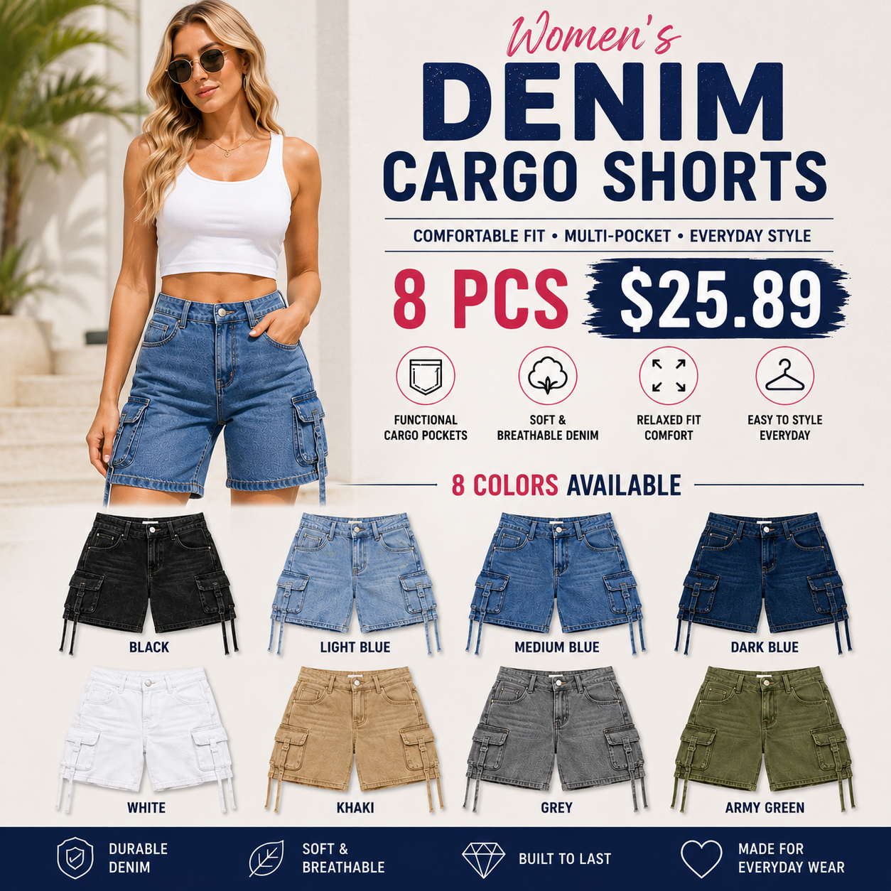 Women's Washed Denim Cargo Pocket Shorts