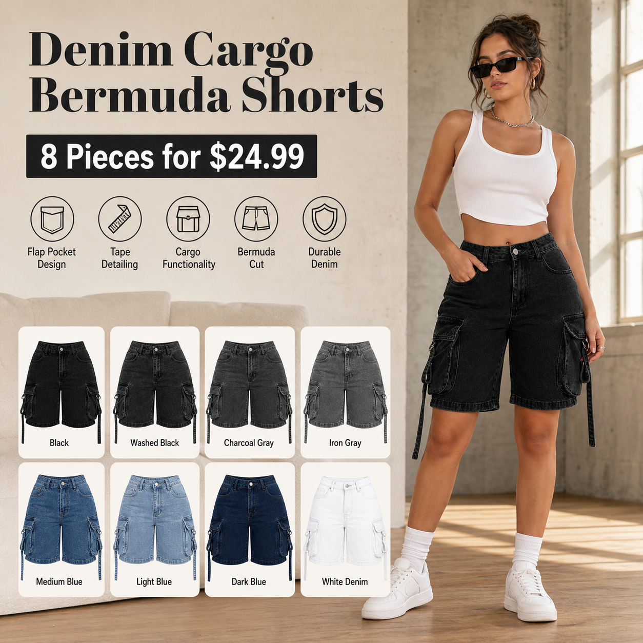 Denim Cargo Bermuda Shorts