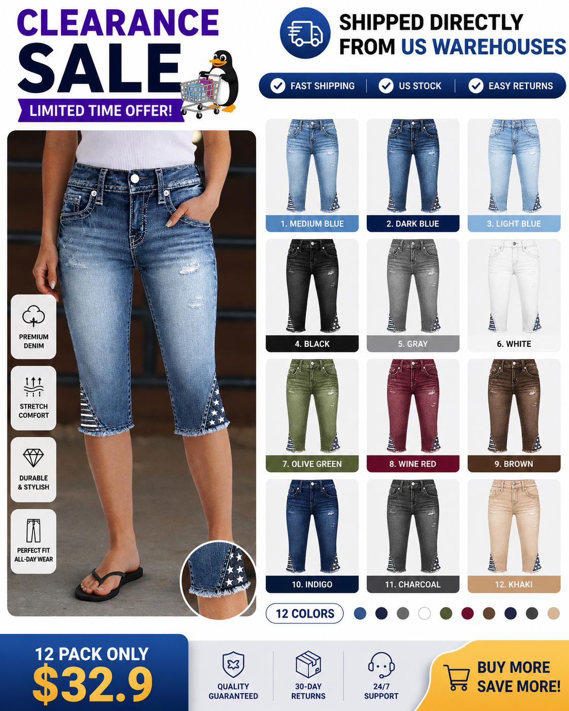 ⚡FINAL SALE⚡- Star & Stripe Embroidery Raw Hem Ripped High Waist Skinny Capri Jeans
