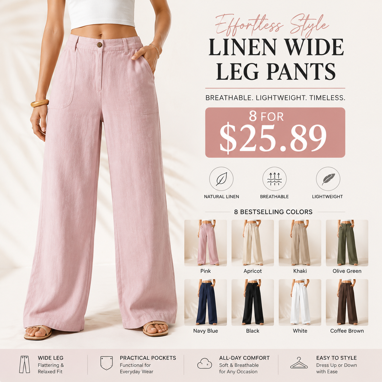 Women's Classic Linen Wide-Leg Pants
