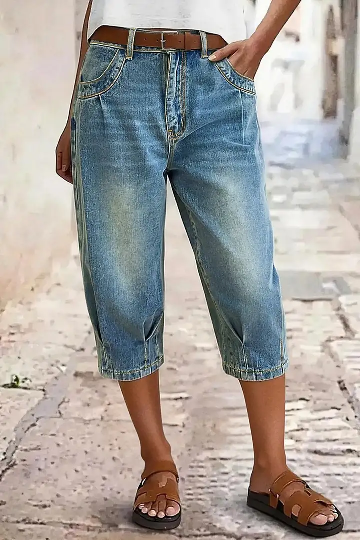 Women's Mid-Rise Pleated Cropped Jeans — Stretchy, Slim-Fit, Comfortable & Versatile