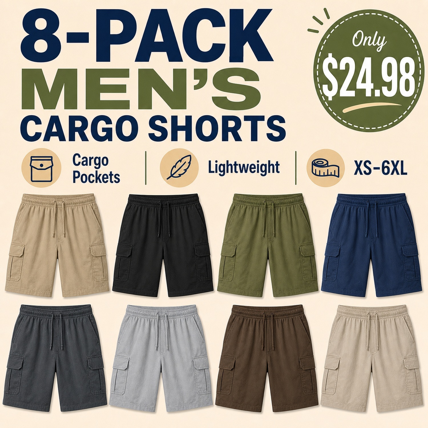 Men's Lightweight Utility Cargo Shorts - 8 Pack