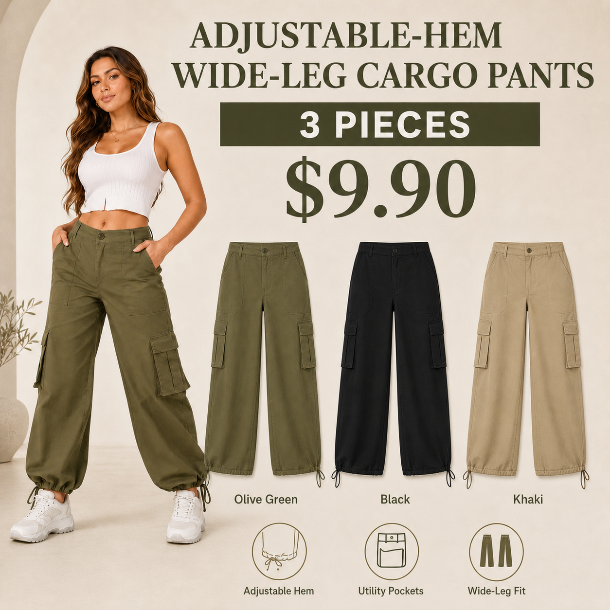 Adjustable Hem Wide Leg Cargo Pants