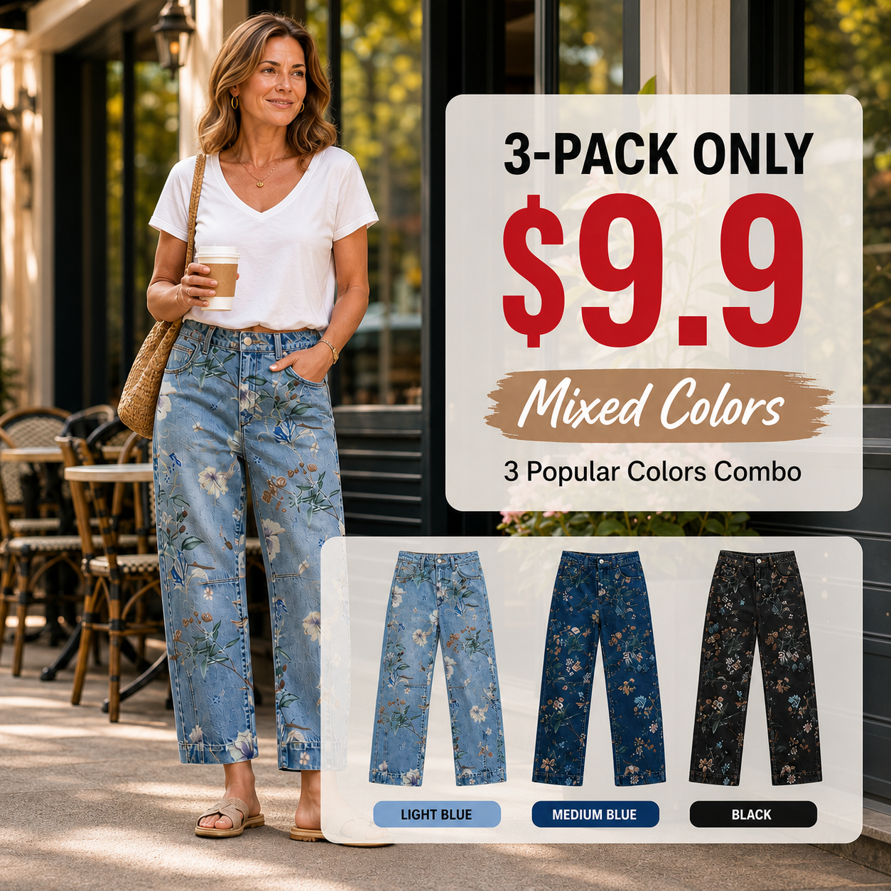 🔥 Wash Floral Print Flap Pocket Mid Rise Barrel Leg Jeans