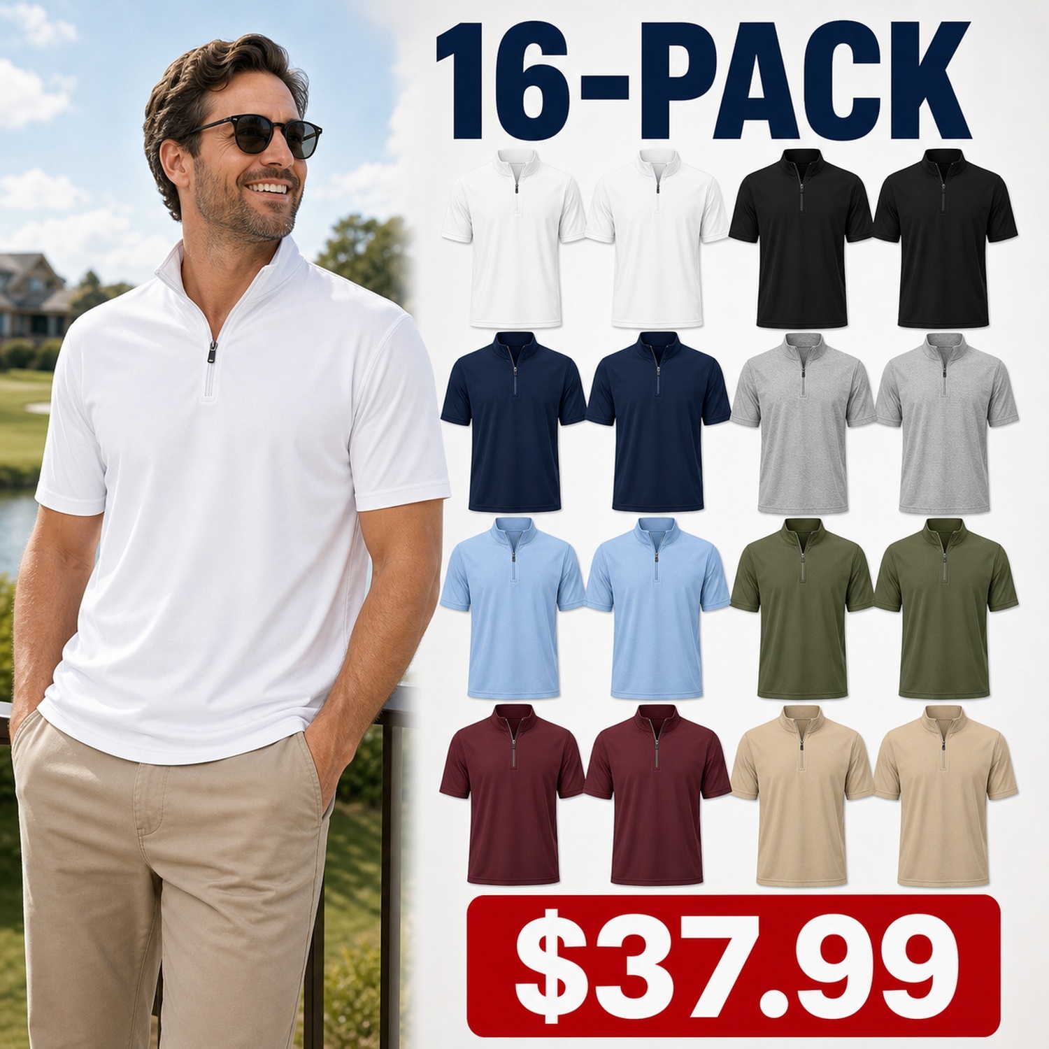 Men's Quarter Zip Performance Polo Shirts - 8 Pack