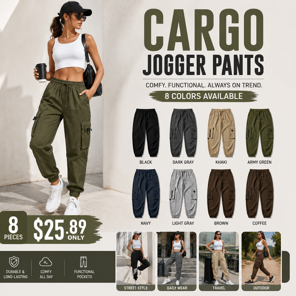 Women's solid color, adjustable drawstring, loose-fitting basic cargo pants