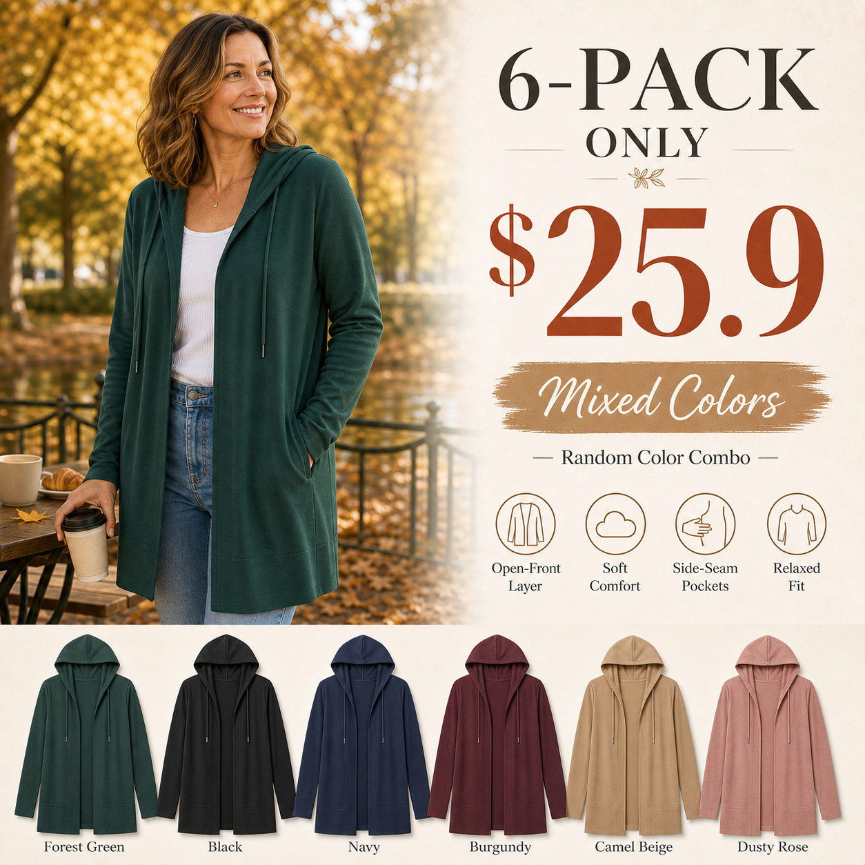 Women’s Lightweight Open-Front Hooded Cardigan – Casual Longline Layering Jacket