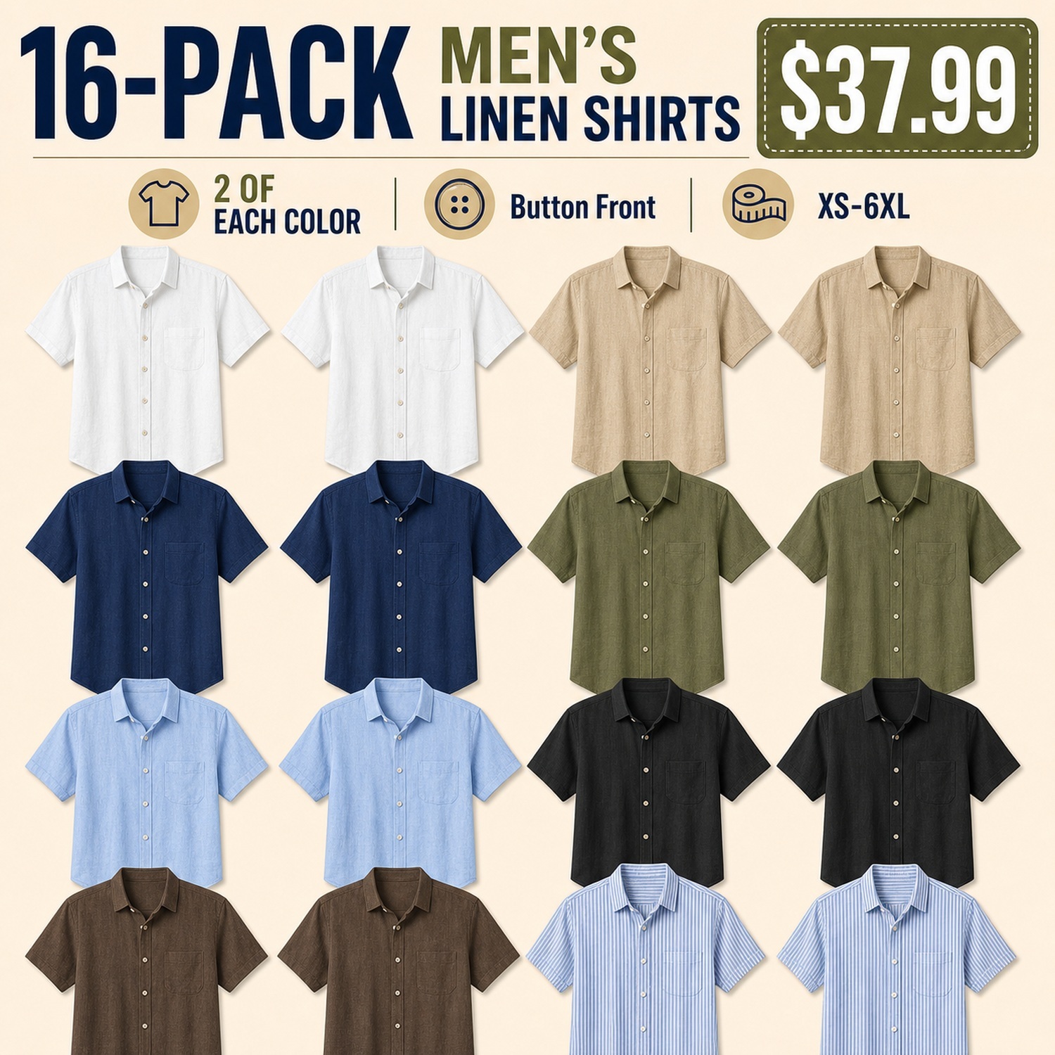 Men's Lightweight Linen-Blend Camp Shirts - 8 Pack