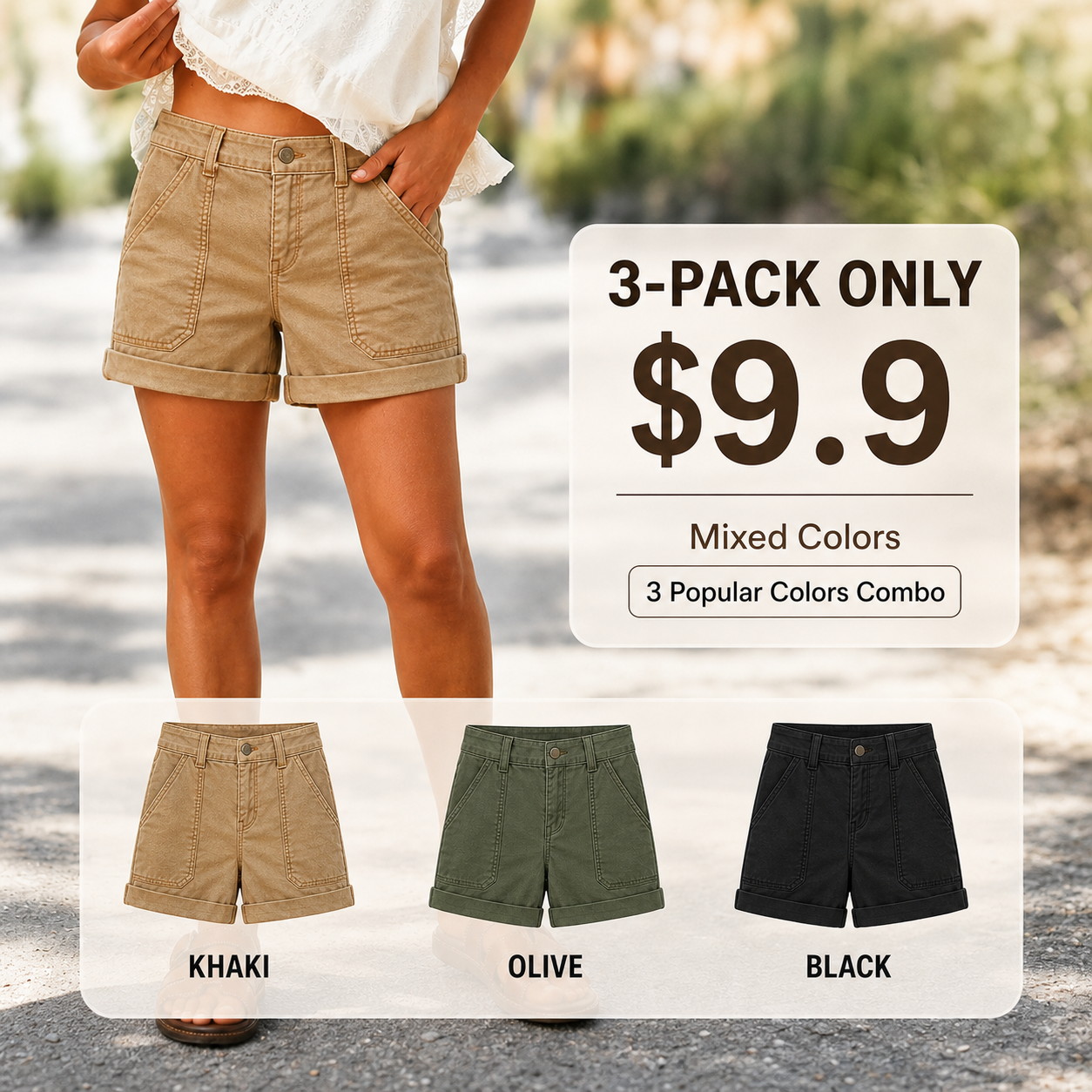 ⚡FINAL SALE⚡Roll Hem Stitch Detail Mid Waist Shorts Without Belt