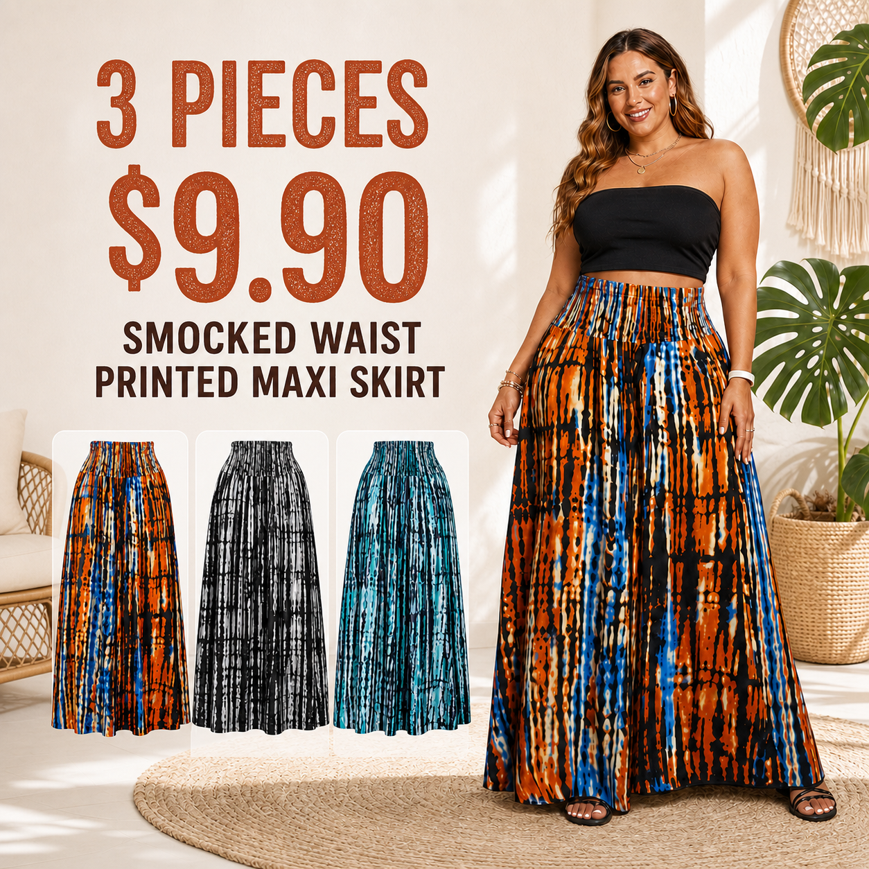 Smocked Waist Printed Maxi Skirt
