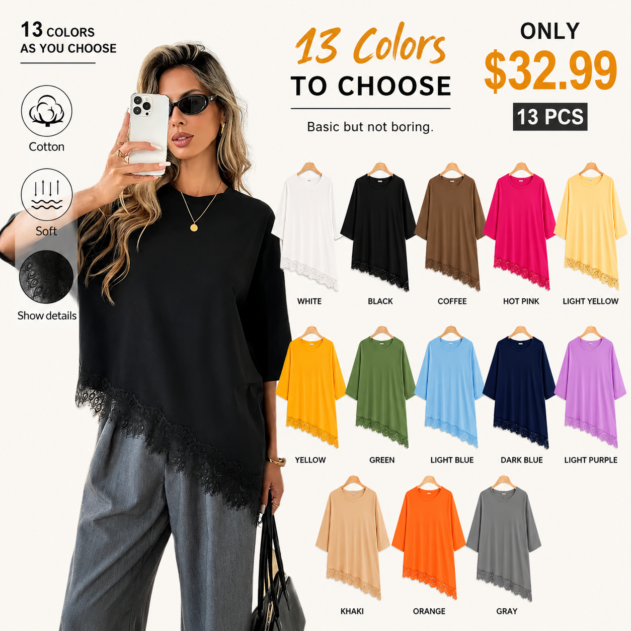 Women's Lightweight & Breathable Cotton Long T-Shirt with Lace Hem
