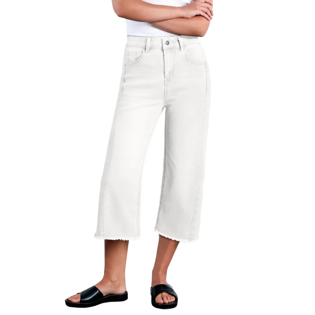 Women's cropped jeans, high-waisted, wide-leg, stretchy, with frayed side seams.