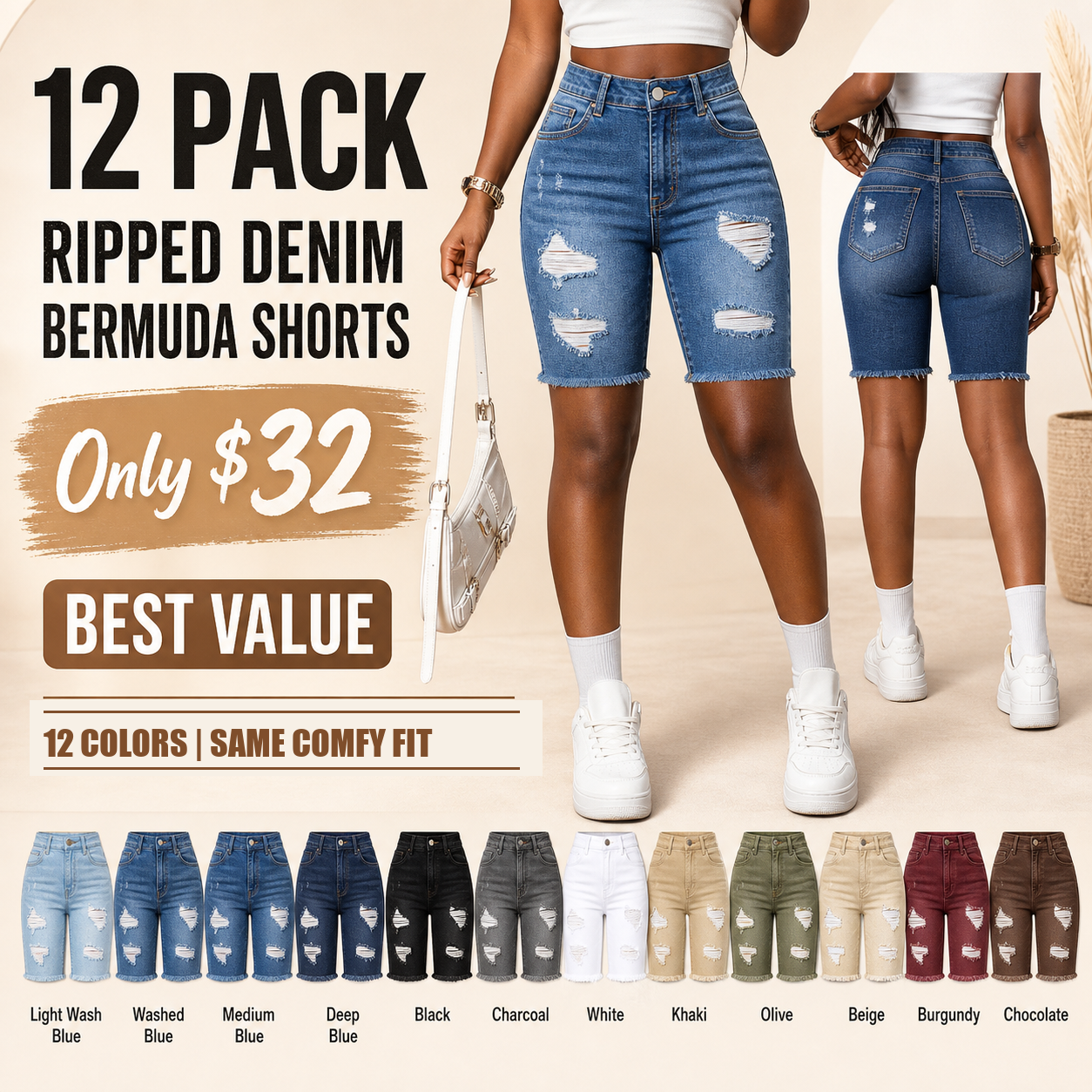 Women's Ripped Denim Bermuda Shorts