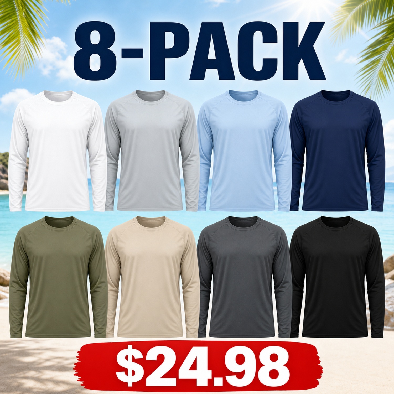 Men's UPF-Style Lightweight Long Sleeve Shirts - 8 Pack