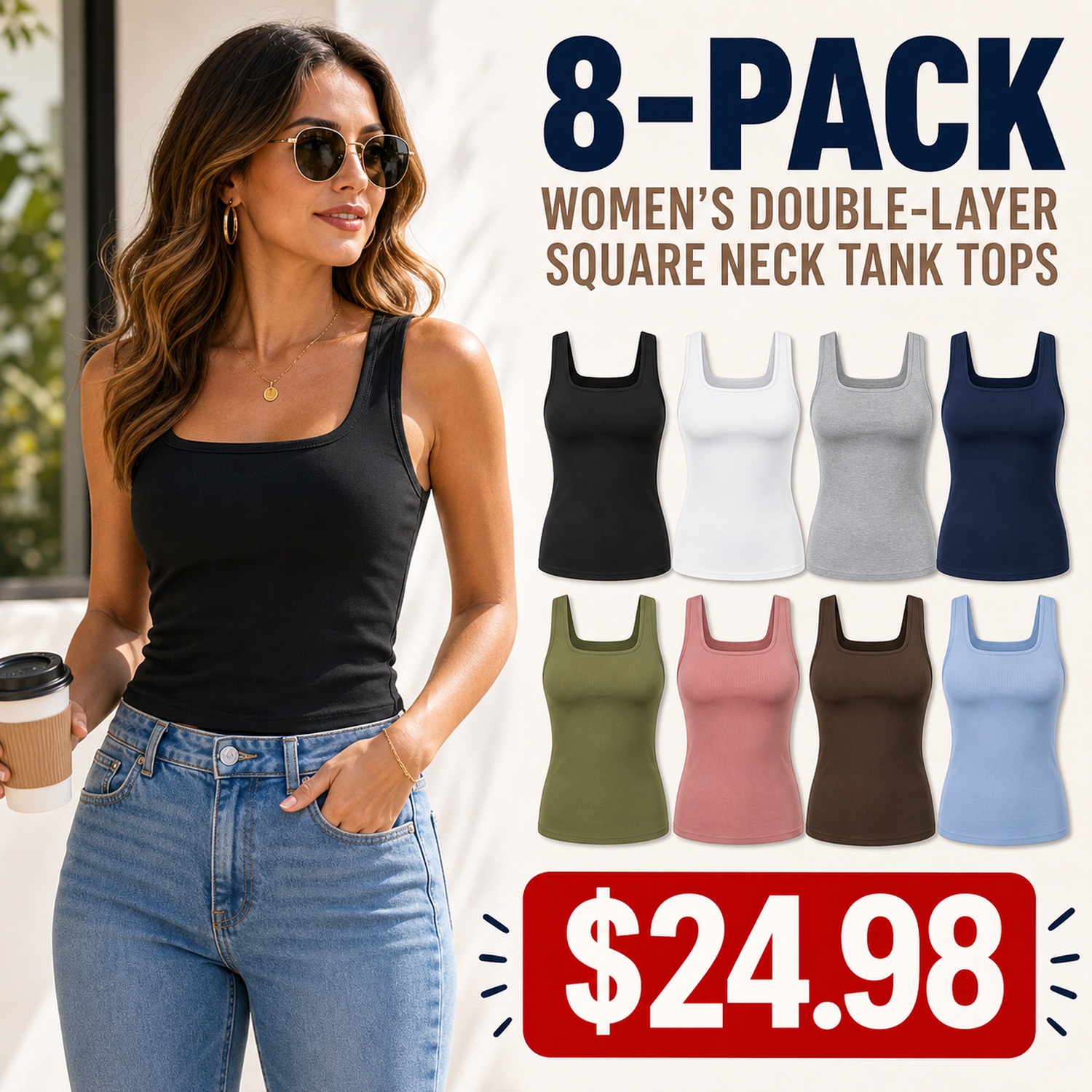 Women's Square Neck Double-Layer Tanks - 8 Pack