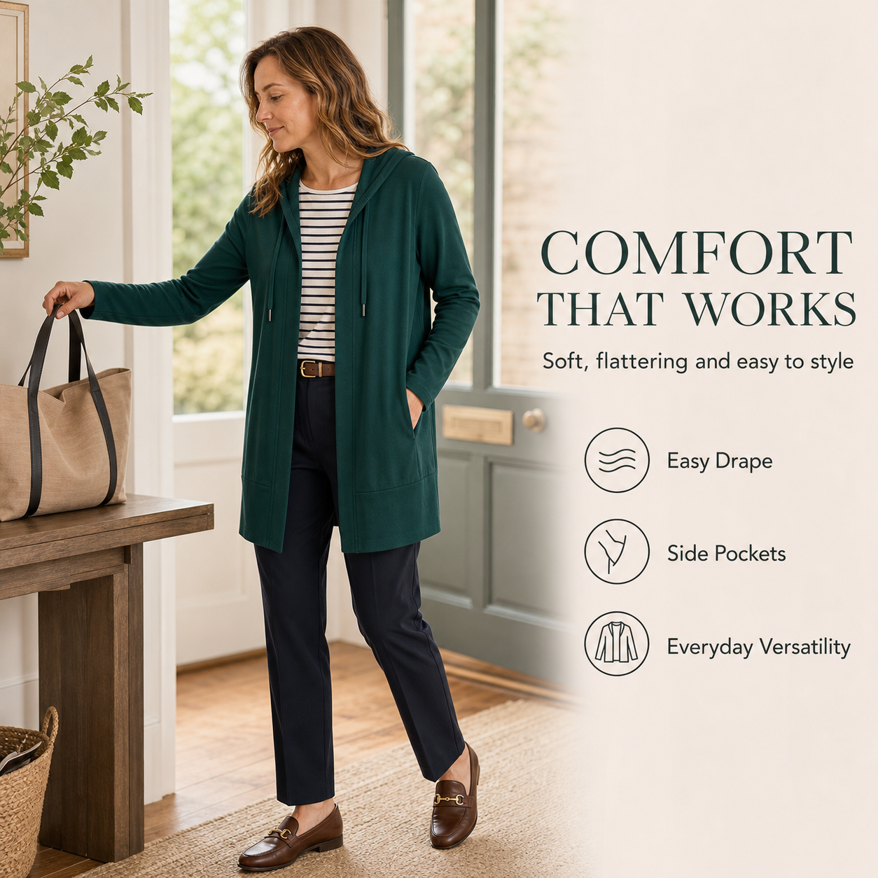 Women’s Lightweight Open-Front Hooded Cardigan – Casual Longline Layering Jacket