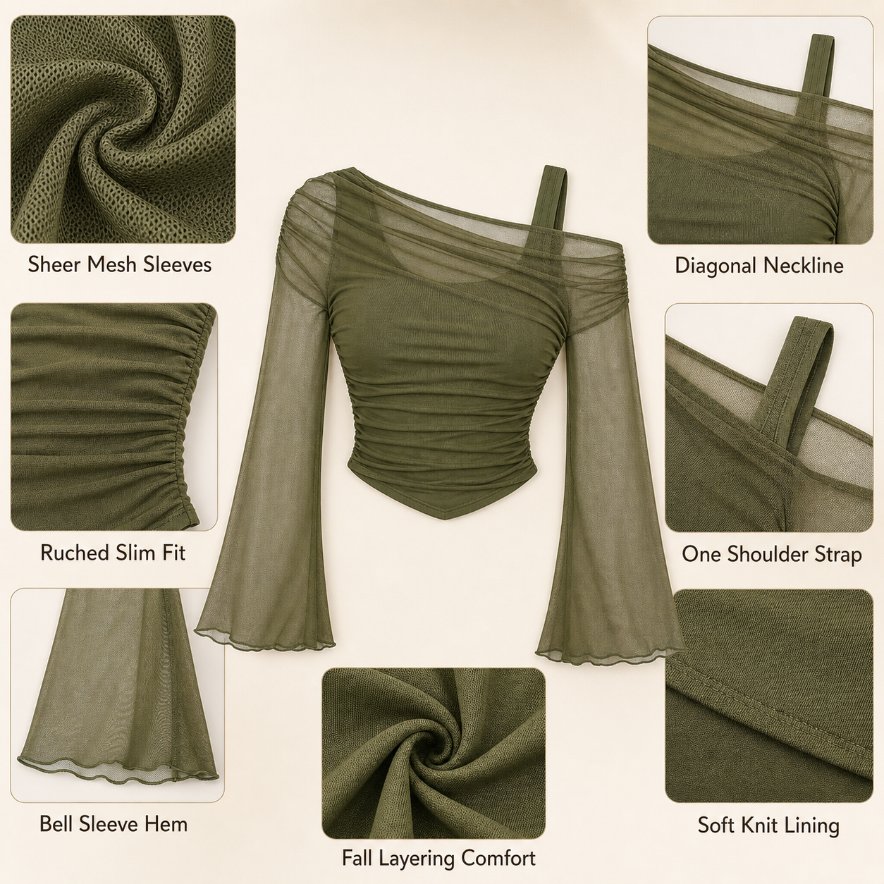 Asymmetrical Mesh Bell-Sleeve Top