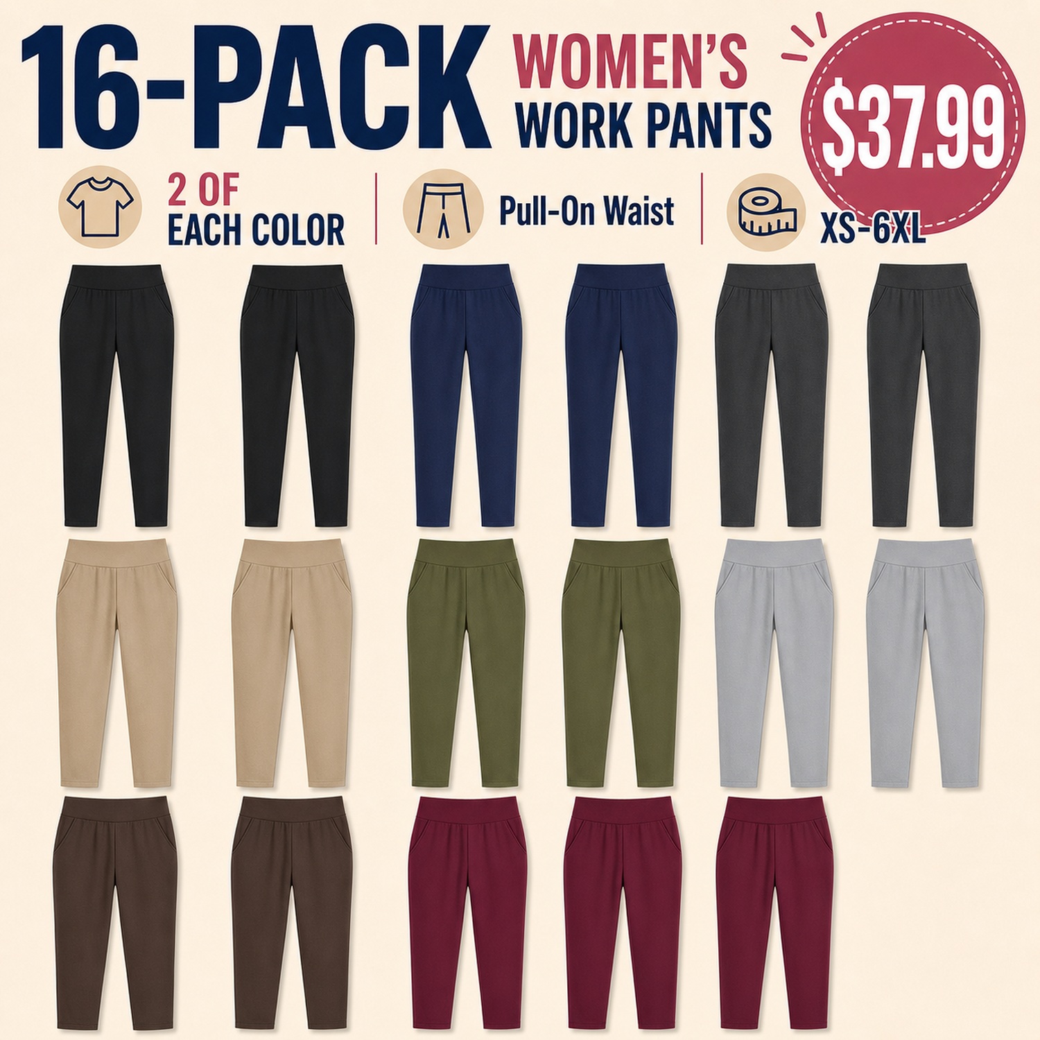 Women's Pull-On Work Pants - 8 Pack