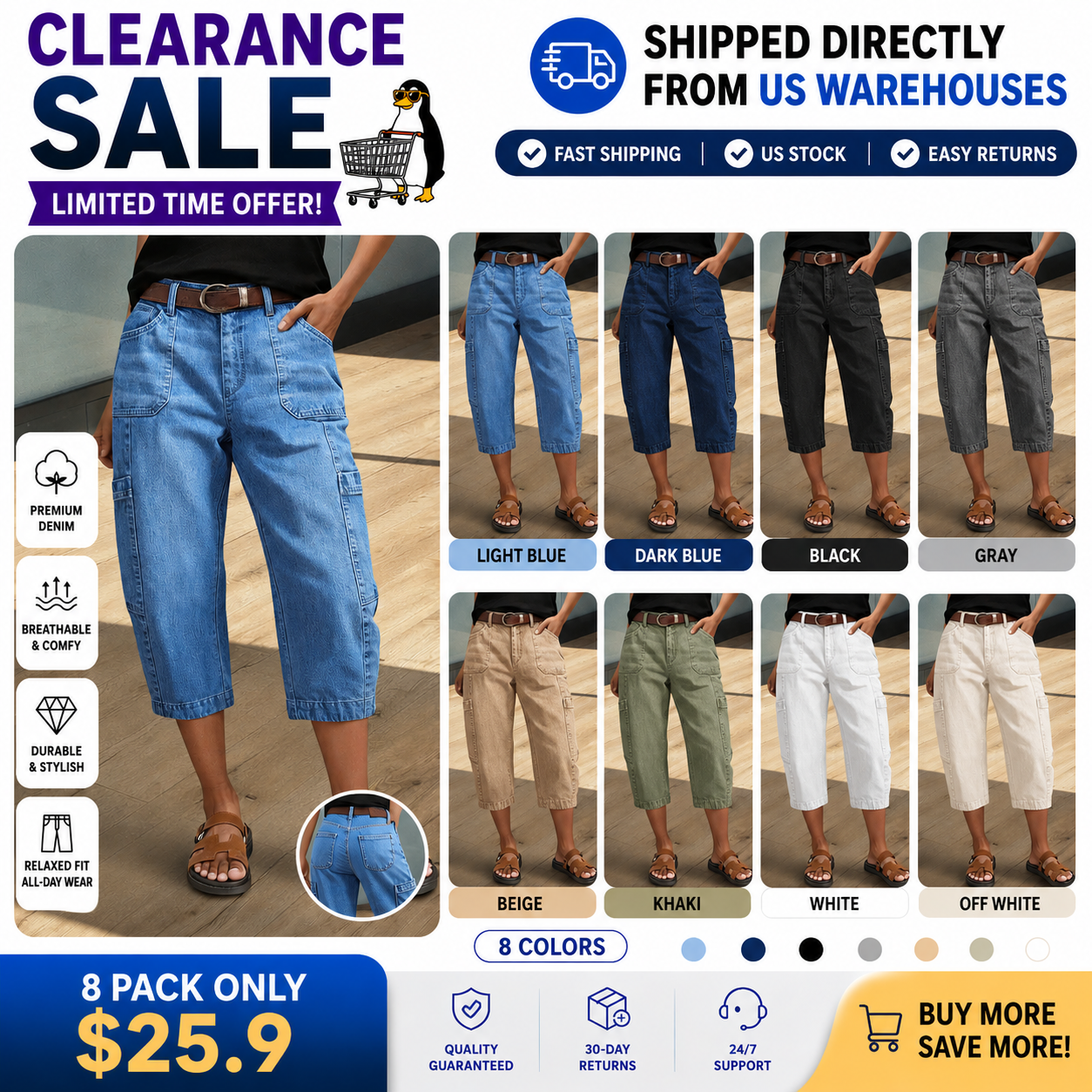 🔥Wash Pocket Side Mid Waist Barrel Leg Capri Jeans Without Belt