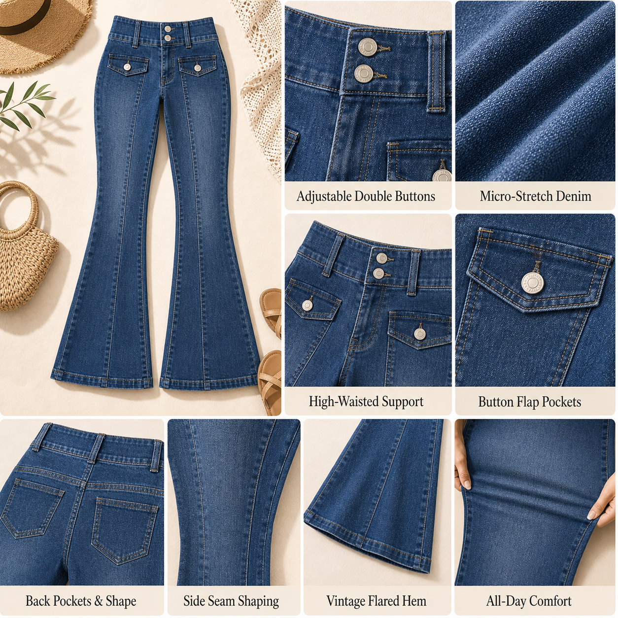 High-Waisted Double Button Flared Jeans
