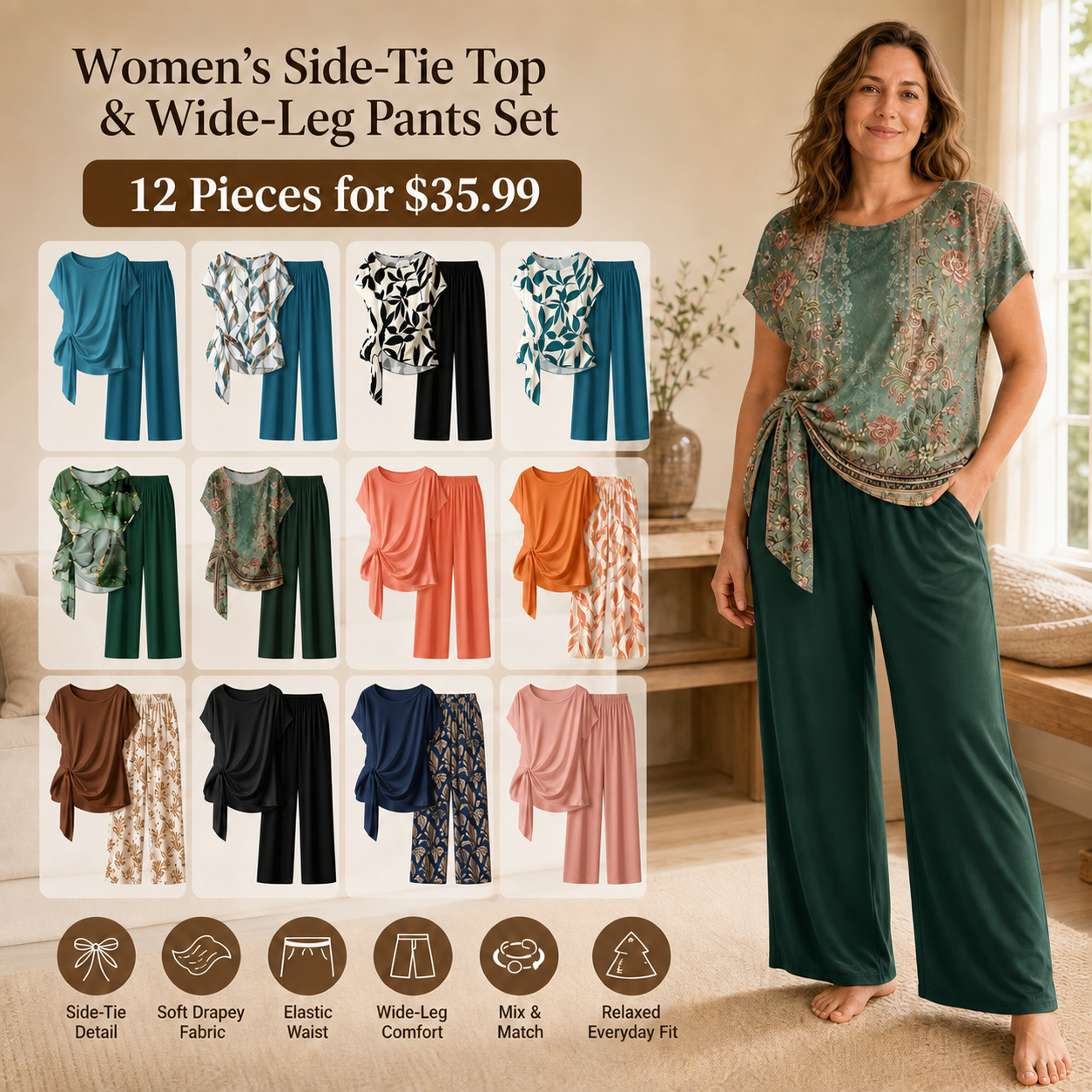 Women's Printed Shirt & Straight-Leg Pants Set