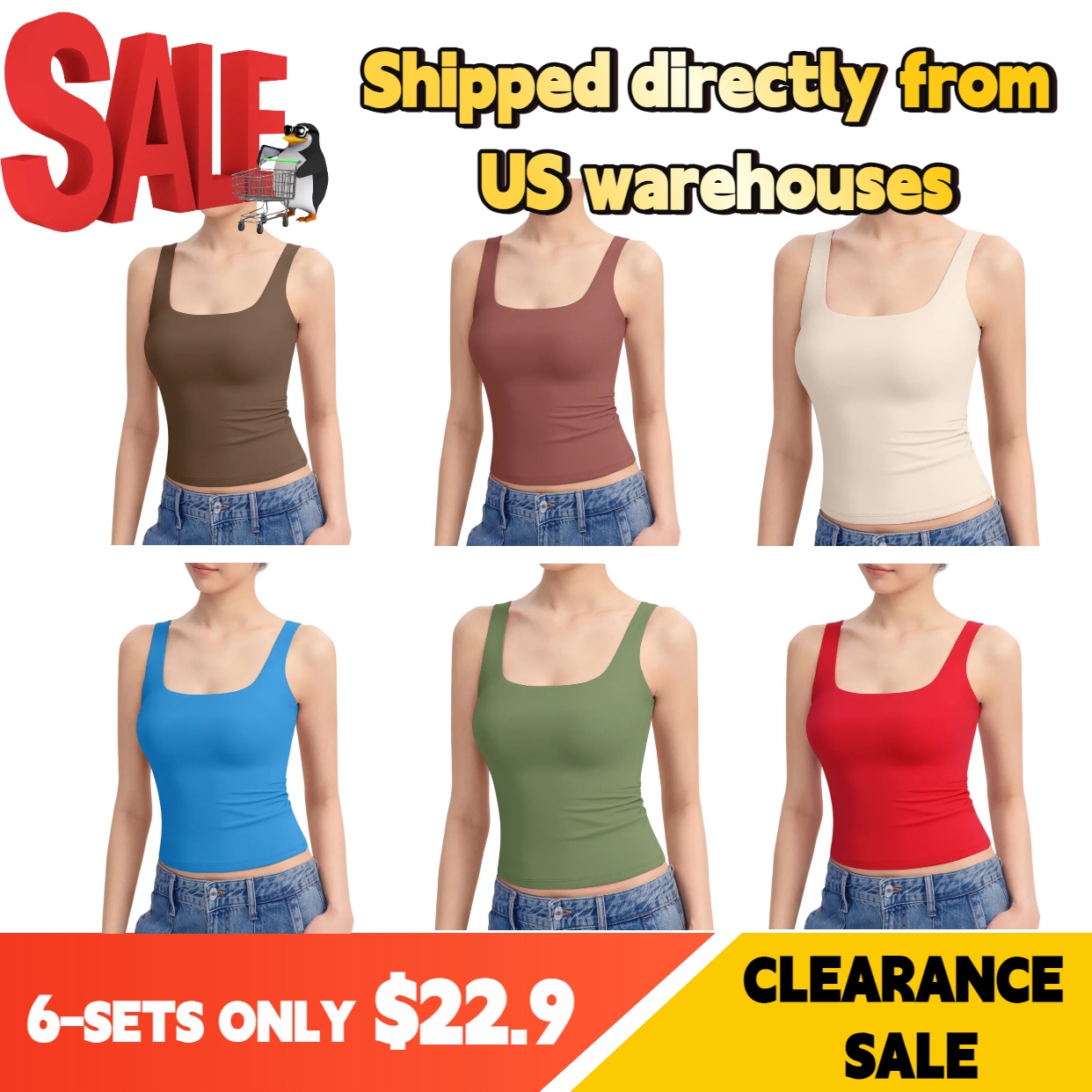 Women's Square Neck Tank Top, Wide Strap Buttery Soft Cami, Double Layer Stretchy Top