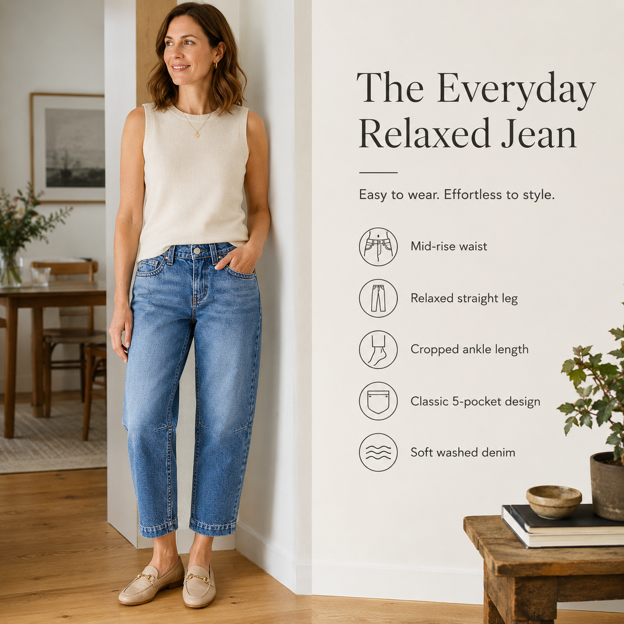 Seaming Detail Mid Waist Straight Leg Crop Jeans