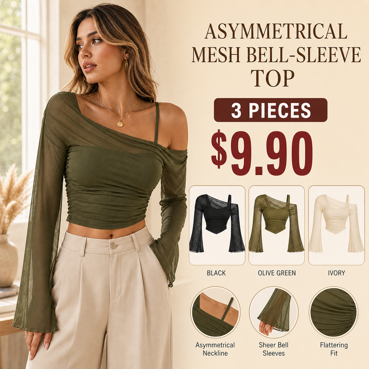 Asymmetrical Mesh Bell-Sleeve Top
