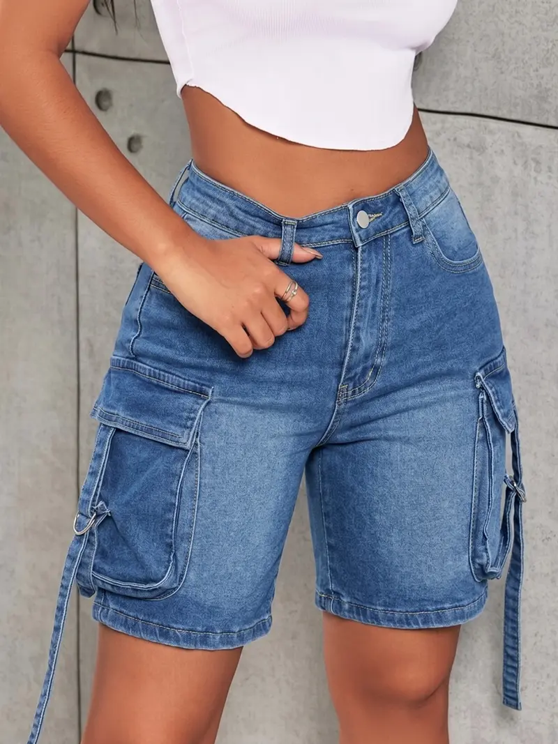 Women's Washed Denim Cargo Pocket Shorts