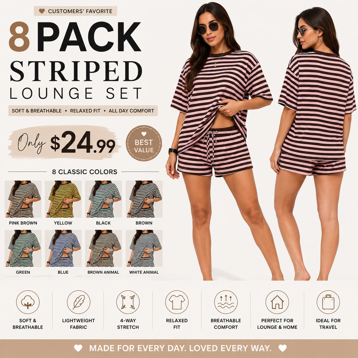 Stripe Print 2 Piece Outfit Women Clothes
