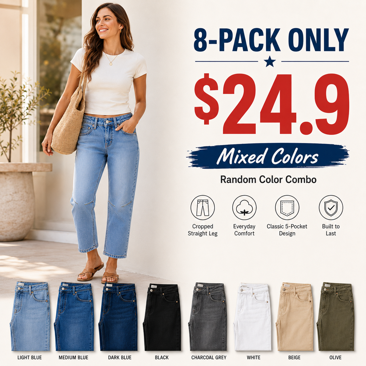 Seaming Detail Mid Waist Straight Leg Crop Jeans
