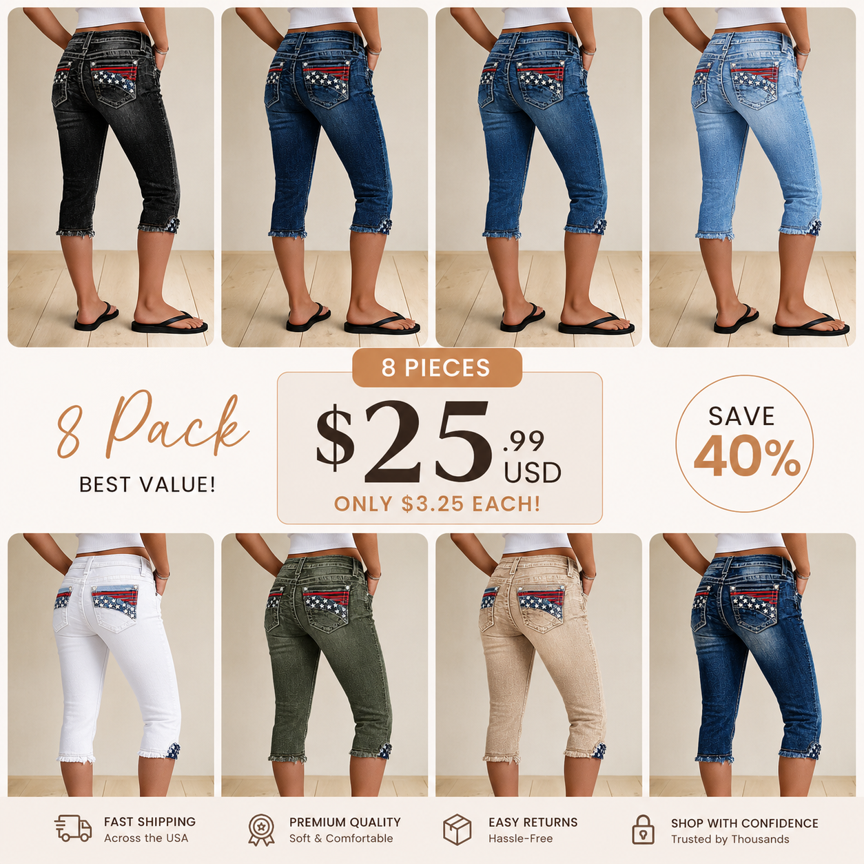Striped & Star-Embroidered, Raw-Hem, Mid-Rise, Skinny Cropped Jeans