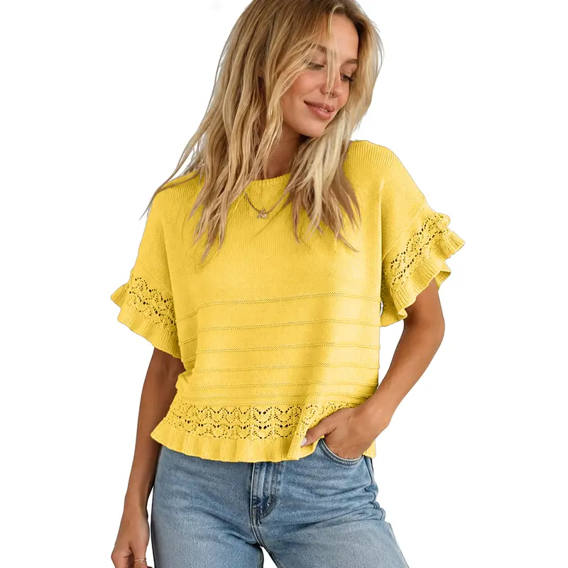 Women's Short-Sleeve Crew-Neck Ruffled Crochet Knit Pullover