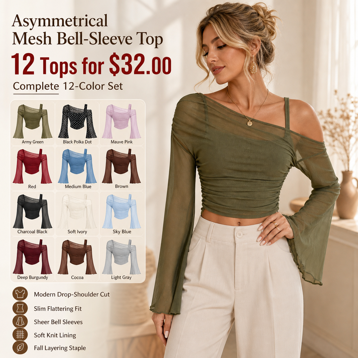 Asymmetrical Mesh Bell-Sleeve Top