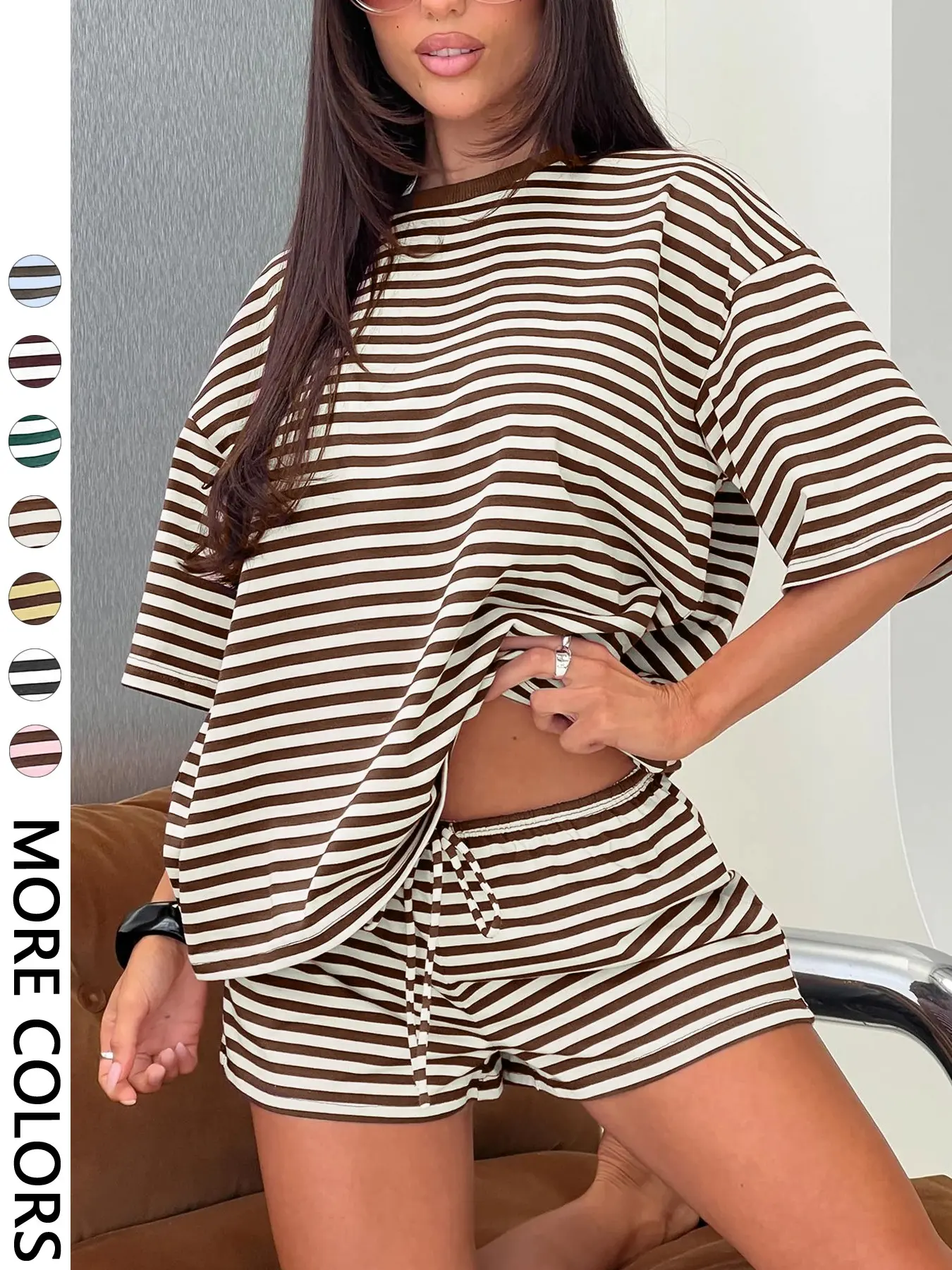 Stripe Print 2 Piece Outfit Women Clothes