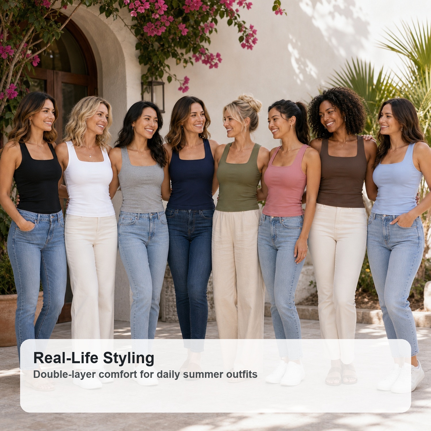 Women's Square Neck Double-Layer Tanks - 8 Pack
