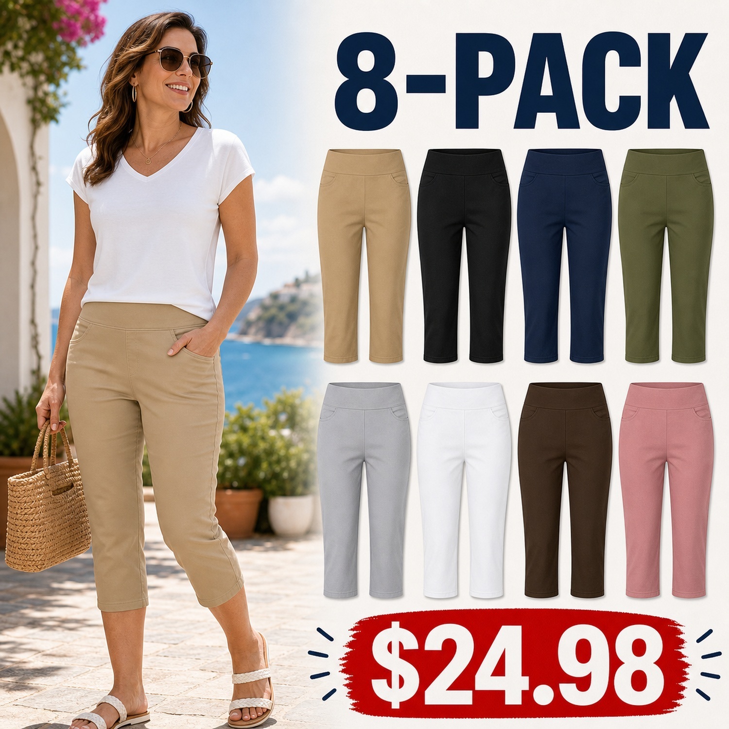 Women's Sporty Stretch Capri Pants - 8 Pack