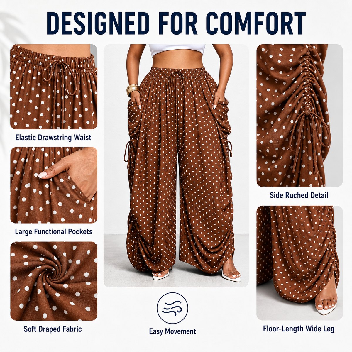 Women's Wide-Leg Polka Dot Palazzo Pants with Pockets