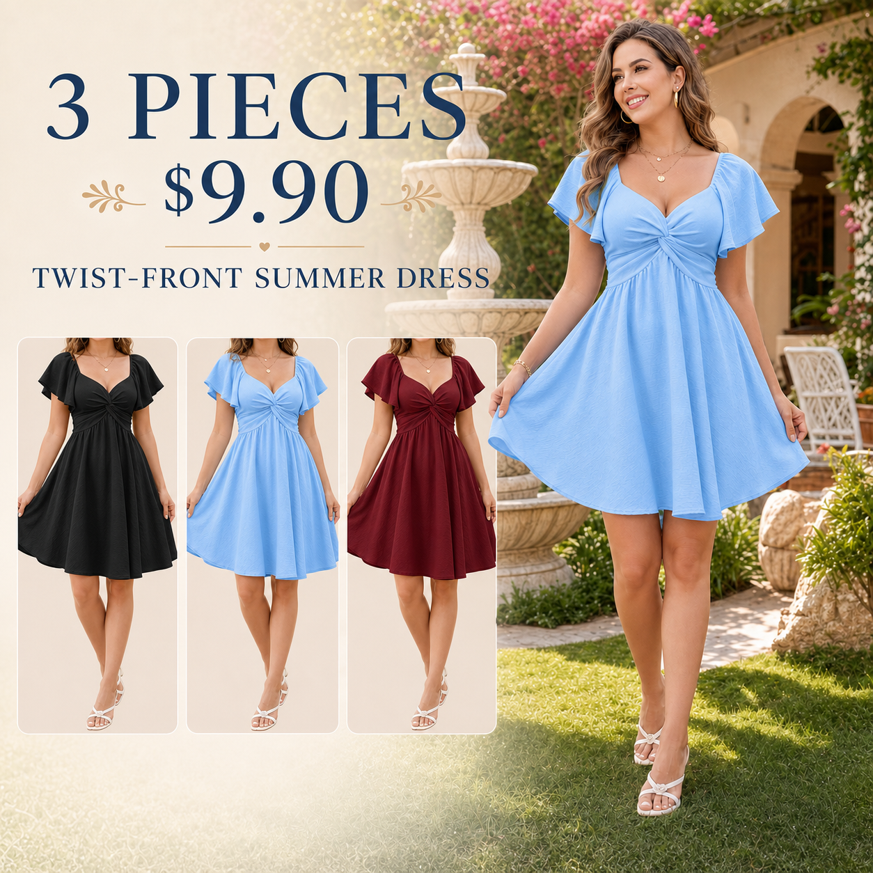 Twist-Front Flutter Sleeve Summer Dress