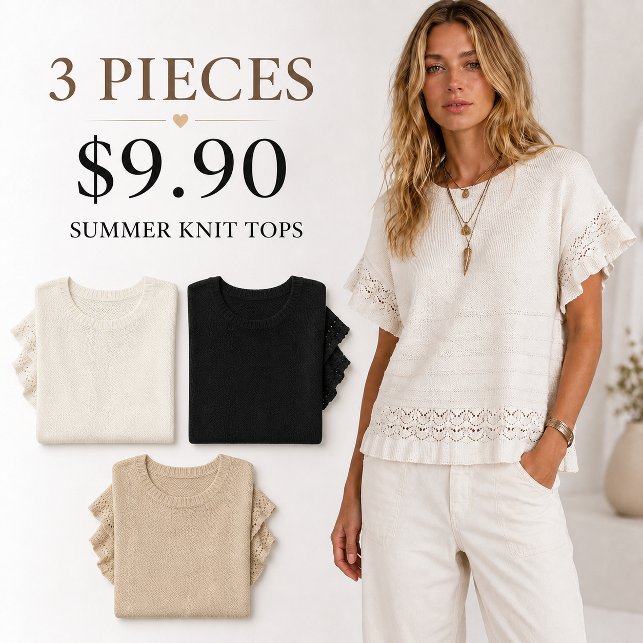 Women's Short-Sleeve Crew-Neck Ruffled Crochet Knit Pullover