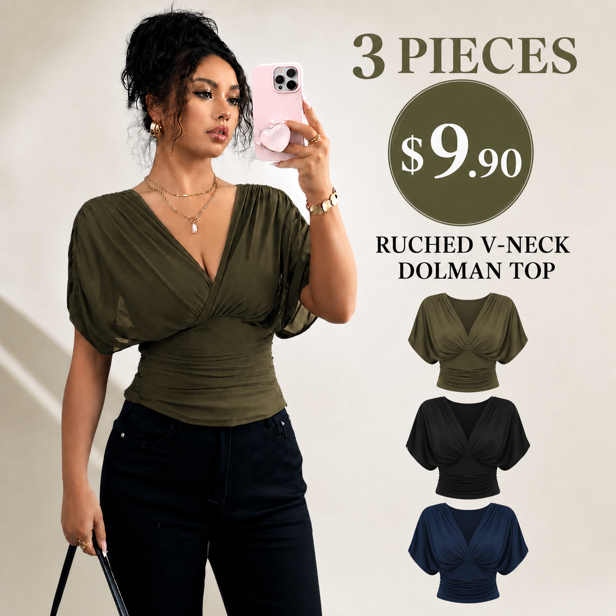 Sexy Batwing-Sleeve T-Shirt with Ruched V-Neck and Waist-Flattering Fit