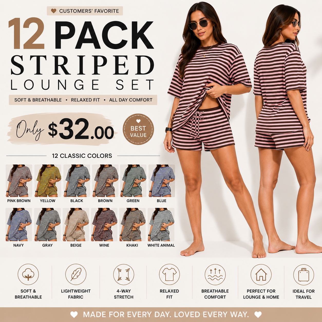 Stripe Print 2 Piece Outfit Women Clothes