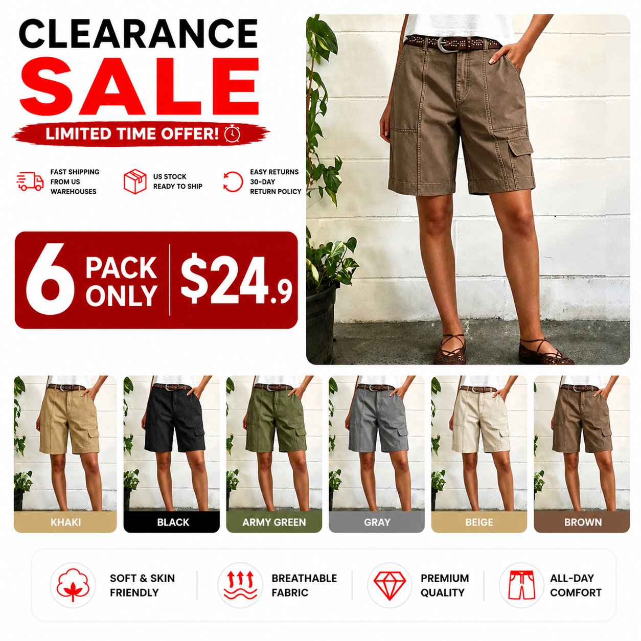 ⚡FINAL SALE⚡Solid Seam Detail Flap Pocket Roll Hem Mid Rise Bermuda Shorts Without Belt