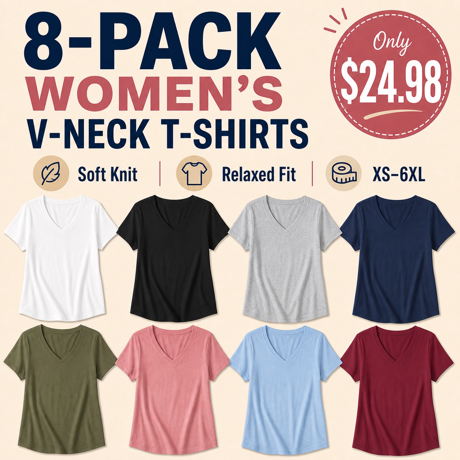 Women's V-Neck Everyday T-Shirts - 8 Pack