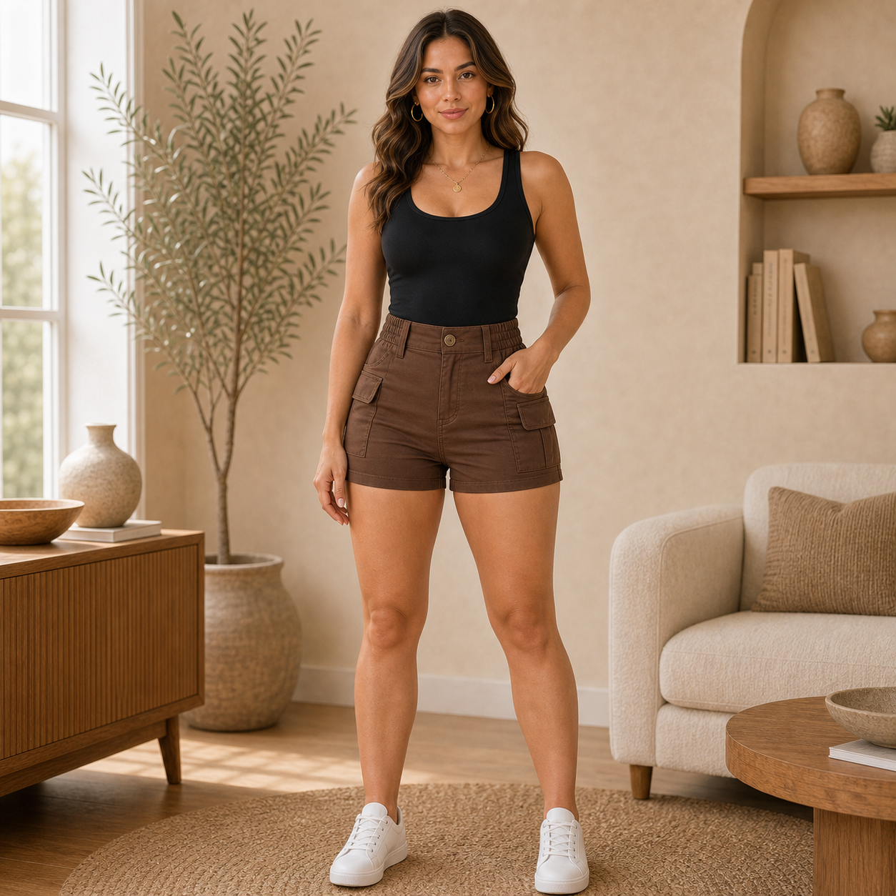 High Waist Stretch Cargo Shorts