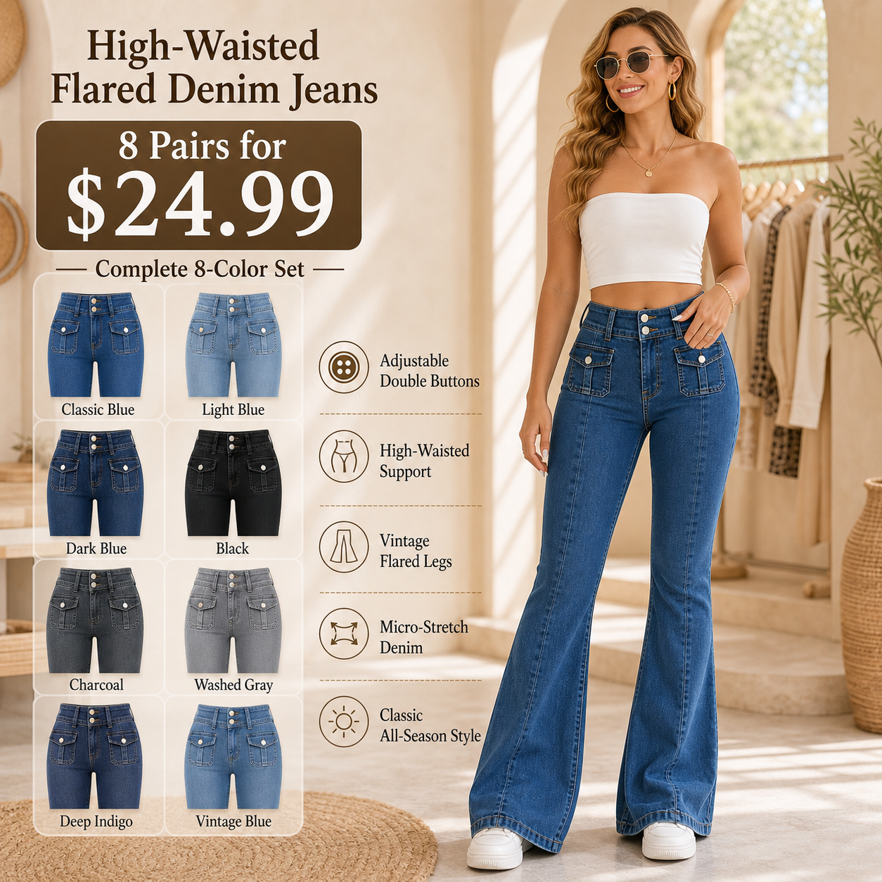 High-Waisted Double Button Flared Jeans