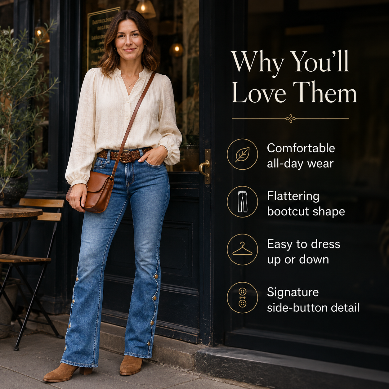 Raw Hem Button Side Mid Waist Bootcut Jeans