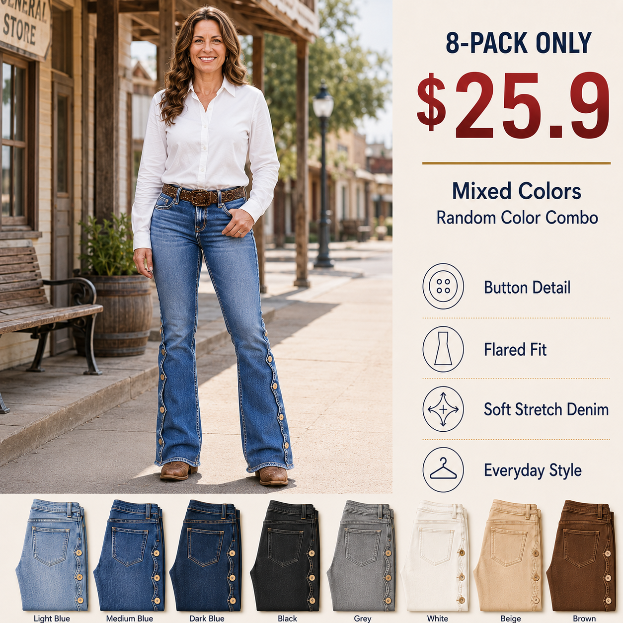 Raw Hem Button Side Mid Waist Bootcut Jeans