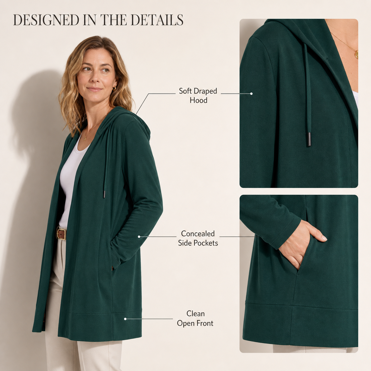 Women’s Lightweight Open-Front Hooded Cardigan – Casual Longline Layering Jacket