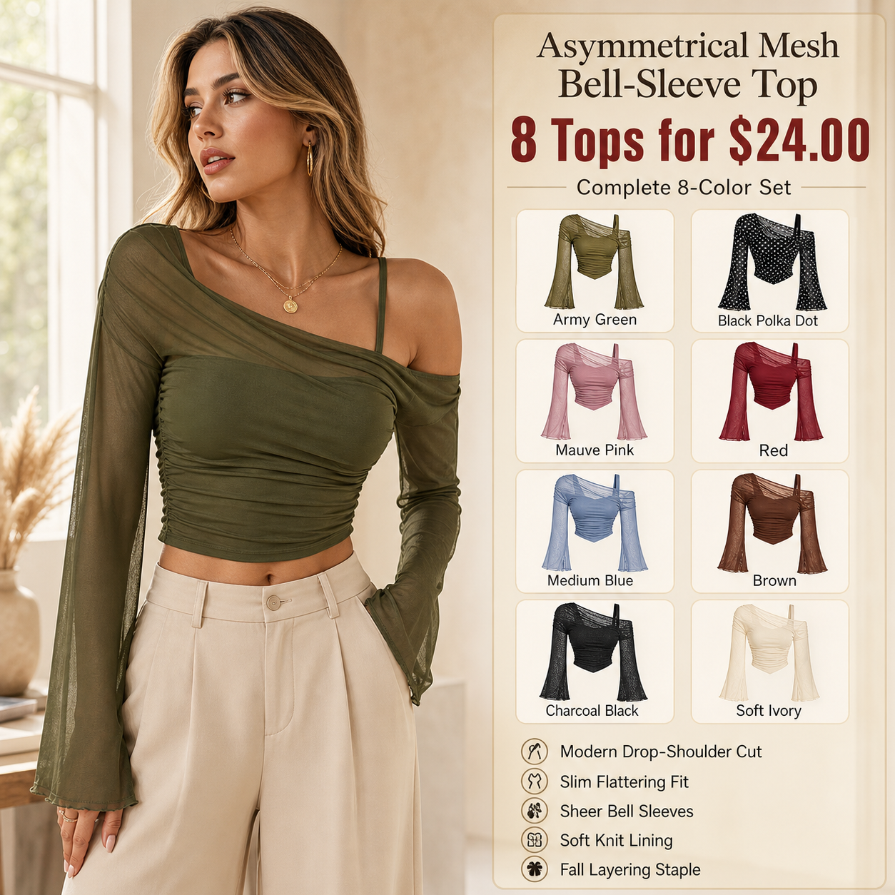 Asymmetrical Mesh Bell-Sleeve Top